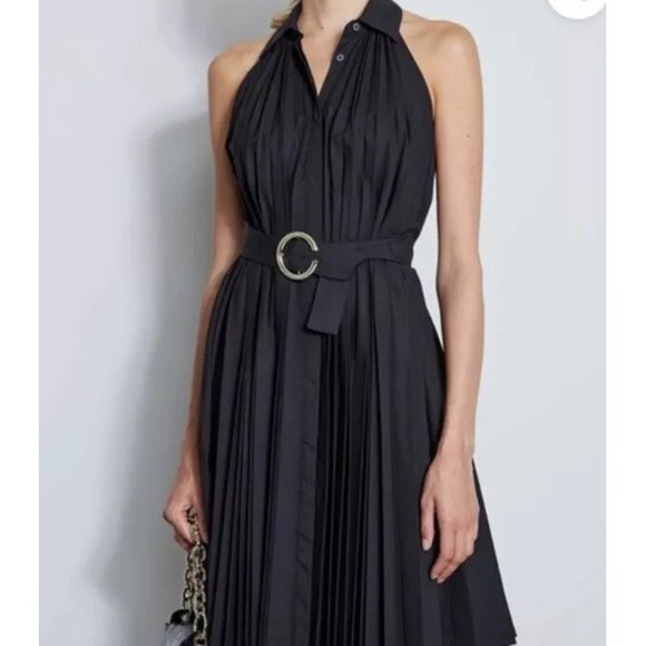 $375 Elie Tahari Pleated Trapeze Black Accordian Pleat Midi Dress No Belt 4 6 8 - Picture 4 of 8